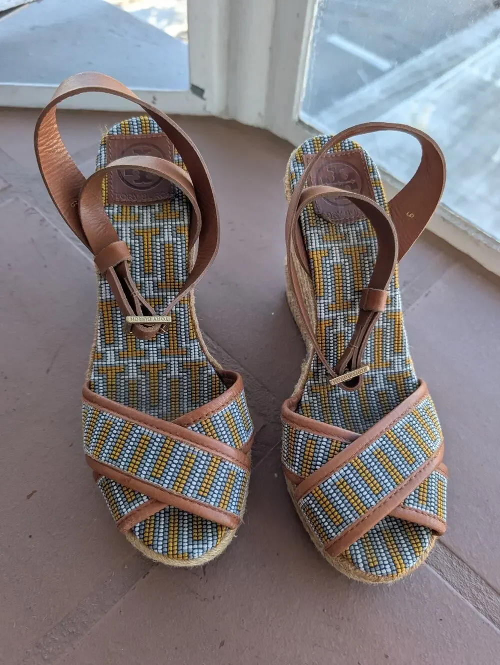 Tory Burch Wedge Sandals Espadrilles Florian Criss Cross Embroidered Shoes Sz 9